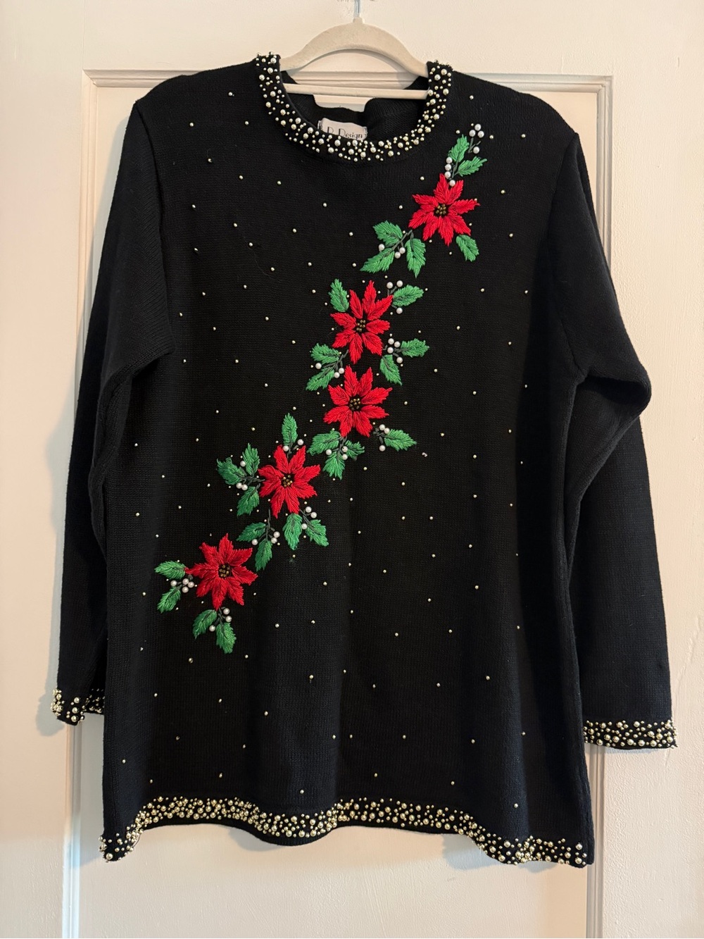 Vintage B.P. Design Ugly Christmas Sweater Beaded Embroidered Poinsettia Large